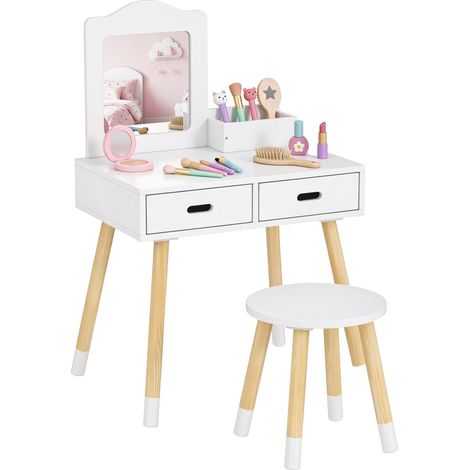 Coiffeuse enfant blanche avec tabouret, miroir et 2 tiroirs rangement 60x40x95 cm, meuble maquillage bois fonctionnel (1/5)