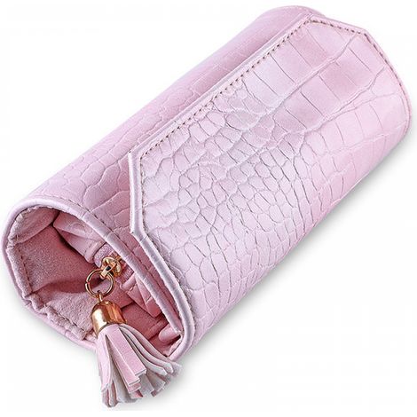 Pink Rolled PU Leather Jewelry Storage Box, Portable Travel Jewelry Box (1/3)
