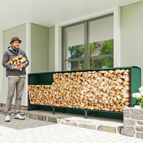 Noir vert foncé - Hangar bois extérieur métal, couvercle étanche, cadre réglable, surélevé, 1m³, rangement bûches, 300x36x99 cm (1/5)