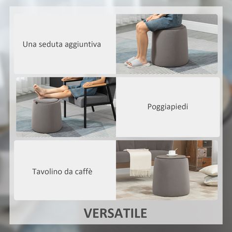 Pouf coffre velours gris Ø44x47,5cm, 2 fonctions : repose-pieds et table basse convertible (1/5)