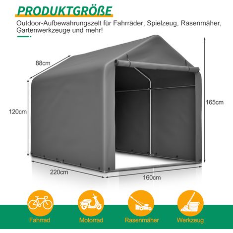 Garage vélo 160x220x165cm gris porte roulante matériau PE imperméable,rangement bicyclette outils jardin patio.