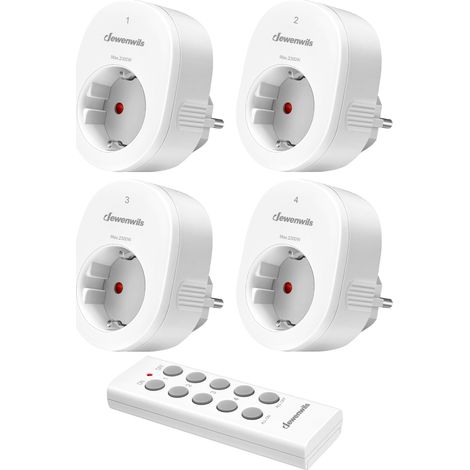 DEWENWILS Funksteckdosen mit Fernbedienung	 2300W Steckdose mit 1er Fernbedienung	 30M Reichweite Funksteckdose	 Programmierbar und Erweiterbar	 4er Set (1/5)