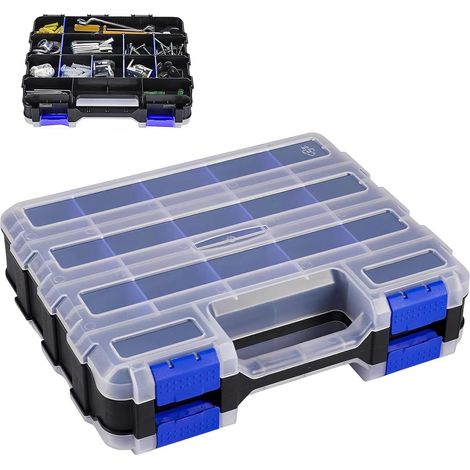 Boîte de Rangement Vis 34 Compartiments, 32 x 27 x 8 cm, Double Face Organisateur de Visserie avec Séparateurs Amovibles, Couvercle Transparent – pour Atelier, Garage, Bricolage (1/5)