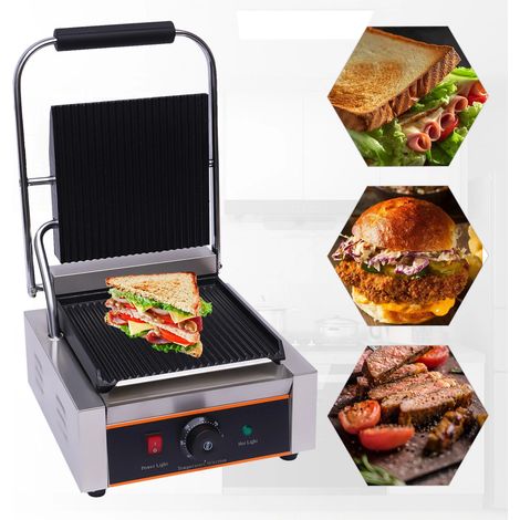 Griglia per panini Gastro da 1800 W con piastra di contatto scanalata, piastra elettrica in acciaio inossidabile, 0-300 °C, 220 V