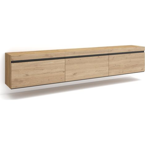 Skraut Home – Meuble TV suspendu mural en chêne – Grand espace de rangement 240x35x45cm – Style moderne – Idéal pour salons contemporains