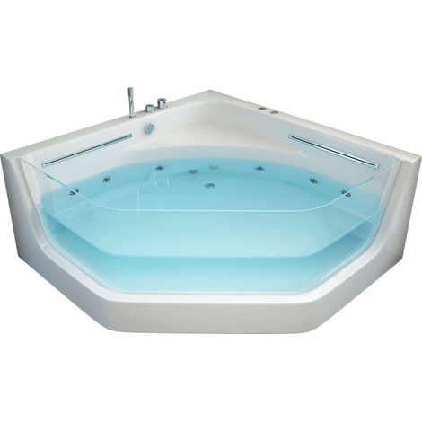 HOME DELUXE - Whirlpool Badewanne - PACIFICO weiß mit Lichtherapie und Massage - Maße 150 x 150 x 55 cm I Eckwanne, Indoor Badewanne, 2 Personen Badewanne Acrylwanne Badezimmer Sanitäracryl (1/4)