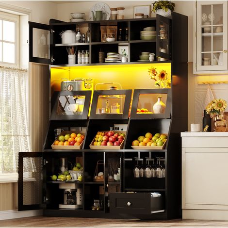 Mobile cucina alto 120 x 40 x 181,7 cm con LED, USB e ante in vetro nero HAVRYA (1/5)