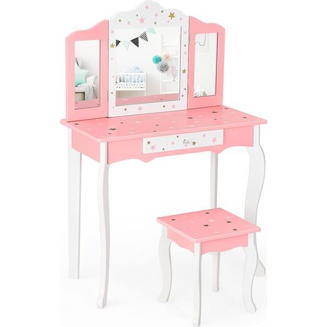 COSTWAY Kinder Schminktisch mit Hocker, Prinzessin Frisiertisch mit Schublade & 3-Fach klappbarer Spiegel, Frisierkommode rosa, Schminkkommode für Maedchen (1/5)