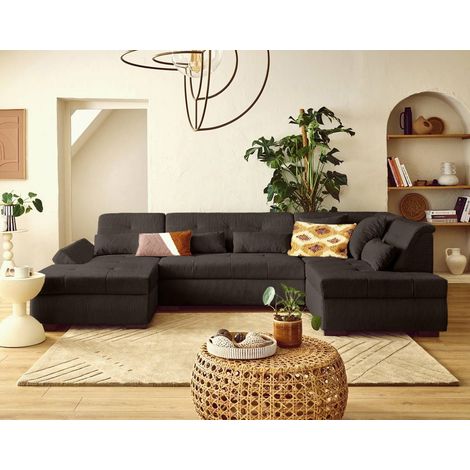 Lisa Design – Canapé panoramique d'angle droit 7 places en velours côtelé – Accoudoir relevable – Structure en bois massif – Style contemporain (1/5)