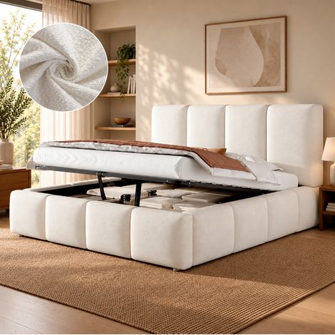 Lit adulte 180x200 cm avec coffre hydraulique, sommier à lattes et tête de lit, bouclé blanc pour chambre (1/5)