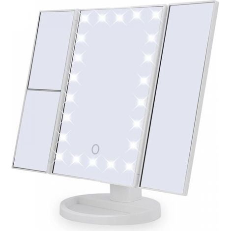 Kosmetikspiegel, dreiteiliger Vergrößerungsspiegel mit 22 LEDs, 10-fach/3-fach/2-facher Vergrößerung, beleuchtetem Touchscreen, dualer Stromversorgung und 180°-Drehung (1/5)