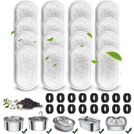 32 Pieces Stainless Steel Cat Water Fountain Filter, 16 Carbon Filters and 16 Pre-filter Sponges, Suitable for 3.2L/2L Stainless Steel Cat Drinkers (1/5)