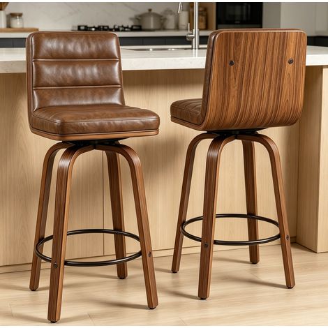 Sgabello da bar girevole a 360°, schienale ergonomico, rivestimento in PU, gambe in legno curve, marrone (1/5)