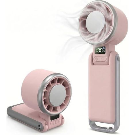 Ventilatore personale portatile ricaricabile con tecnologia turbo, alette di raffreddamento e display digitale, 5 velocità, colore rosa. (1/4)
