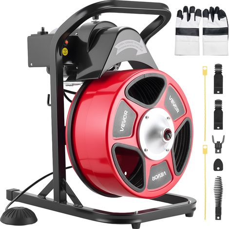 Déboucheur Canalisation Électrique 15 m x 13 mm Furet Électrique Alimentation Manuelle pour Débouchage Tuyaux 50-150 mm, avec Tambour Semi-fermé, 4 Têtes de Coupe, Interrupteur Pied Pneumatique (1/5)