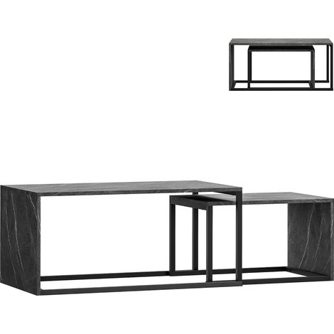 Lot de 2 tables gigognes design industriel en métal noir et marbre gris foncé, modèles encastrables. (1/5)