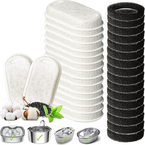 Lot de 16 + 16 fontaines pour chat et chat, filtre de rechange pour fontaine à boire en acier inoxydable de 108 oz/3,2 l et 67 oz/2 l, avec filtre à charbon et filtre en mousse (1/5)