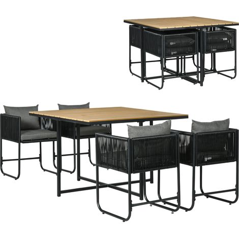 Ensemble salon de jardin 5 pièces : table composite aspect bois naturel, 4 fauteuils avec 8 coussins, mobilier extérieur confortable, design moderne pour terrasse ou balcon. (1/5)