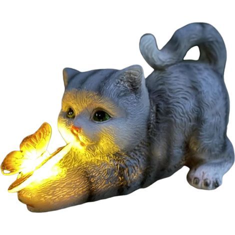 Figura decorativa de gato para jardín, decoración de jardín, mariposas, luces solares para exteriores, decoración de balcón y jardín, diseño, lindo gato, mariposa, adornos de resina, luces solares (1/2)