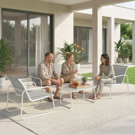 Set da giardino per esterni composto da 4 pezzi: divano a 2 posti, 2 poltrone, tavolo in vetro temperato, tessuto Textilene grigio chiaro.