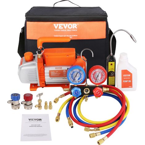VEVOR Bomba de Vacío de Aire Acondicionado 113 L/min Bomba de Vacío de Refrigeración HVAC 180 W con Manómetros Múltiples Kit de Manguera Tricolor 1450 rpm para Refrigeración de Aire Acondicionado