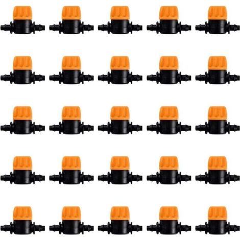 25 Pièces 4/7 Vanne D'irrigation, Mini Valves de Contrôle pour Tuyau d'arrosage 4/7mm, Valves d'arrêt Cannelées 1/4 Pouce Tuyau d'irrigation Goutte à Goutte, Mini Tuyau Vanne d'eau Travers