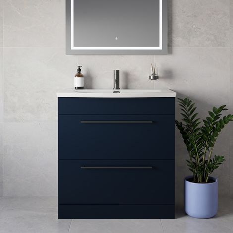 Napoli 390 Deep Blue 800mm 2 Drawer Vanity Unit with Arc Basin - 800mm - Gunmetal Grey 480mm Handle