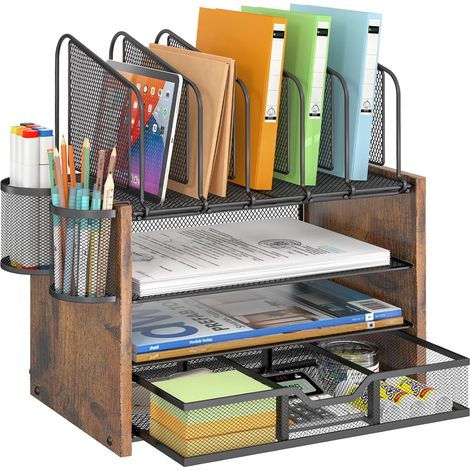 4-stufiger Schreibtisch-Organizer aus Drahtgeflecht, Schreibtisch-Organizer aus Holz mit 5 vertikalen Ablagefächern und 2 Stifthaltern, Büroaccessoires mit Schublade für das Homeoffice (1/5)