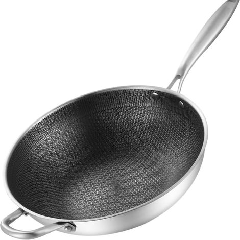 Wok en acier inoxydable à double face alvéolée à 3 couches antiadhésives et facile à nettoyer, 34 cm (13,4 po) (sans couvercle et avec anses) (1/5)