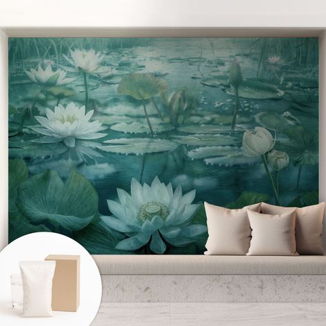 Papier peint intissé mural avec colle pour salon et chambre Décoration murale rapide - Colle incluse gratuite Fleurs aquatiques 208x146 cm (1/5)