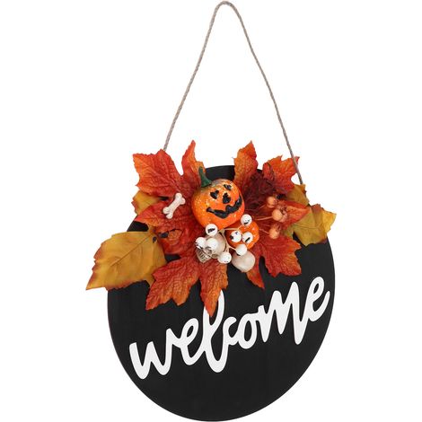 Panneau de porte en bois rond style ferme, décoration d'entrée pour Halloween Noël avec feuille d'érable et squelette (1/5)