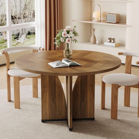 Runder Esstisch 100 cm für 4 Personen, Landhausstil Holztisch mit X-Fuß, Vintage Braun (1/5)