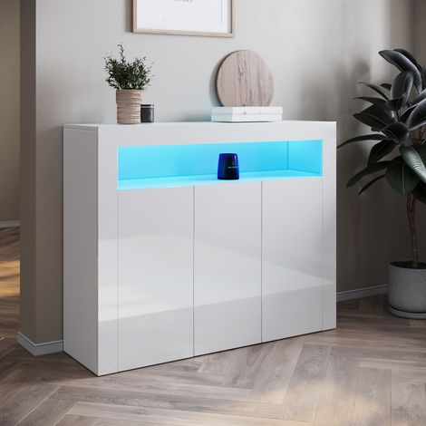 SONNI Aparador Blanco Brillo con Luz LED Regulable y 3 Puertas,Aparadores Modernos para Salon Cocina y Entrada Recibidor,Buffet Comedor (1/5)