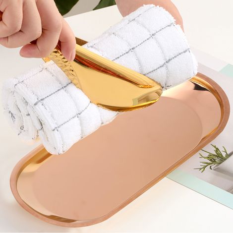 Plateau de rangement ovale nordique en acier inoxydable, idéal pour les serviettes, les en-cas, les cosmétiques et les bijoux (cuivre). (1/5)