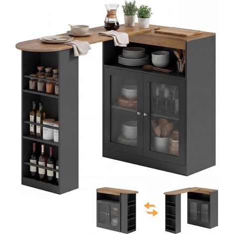 Table de bar extensible et pivotante à 90° avec étagères ouvertes et 2 portes vitrées 150 x 80 x 105,5 cm Noir et Naturel (1/5)