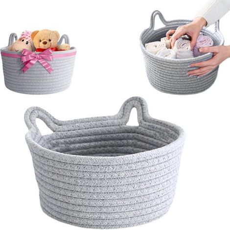 Panier en corde de coton 21 x 12 cm - corbeille décorative avec oreilles de chat, gris (1/4)