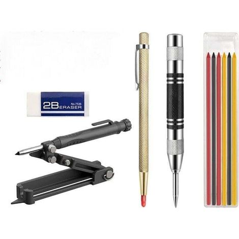 Tracing tool, multifunctional marking tool, construction pencil, wood pencil with 6 leads, deep hole marker, mechanical pencil with eraser (1/4)