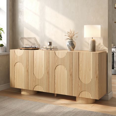 Meuble à chaussures 2 en 1, Buffet avec 4 portes rainurées, étagères réglables et pieds cylindriques, MDF, bambou et pin, Bois naturel (1/5)