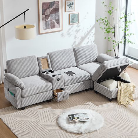 Canapé d’angle en velours côtelé, canapé droit avec repose-pieds, 2 porte-gobelets et port USB-C, meuble de salon ou chambre moderne, Gris clair (1/5)