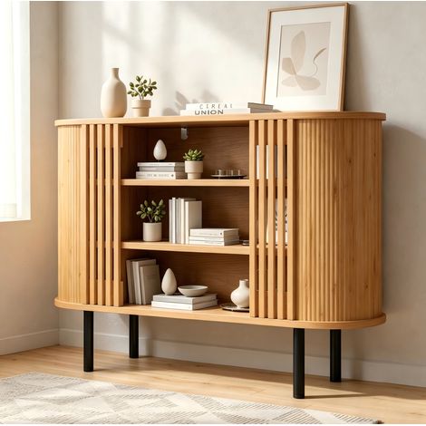 Credenza 120x40x80 cm in MDF e truciolato naturale, 3 vani, per ingresso - MEUBLIV (1/5)