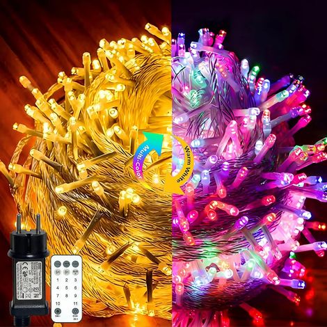 Guirlande Lumineuse Sapin de Noel, 10M 100LED Guirlande Lumineuse Exterieure Variable Blanc chaud + Multicolore Avec Prise et Télécommande, 11 Modes, Mémoire et Minuterie, Pour Balcon (1/5)