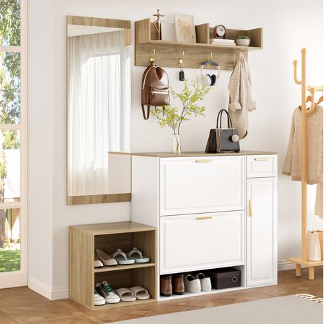 Mueble recibidor con banco perchero espejo compacto OKMYHOME (1/5)