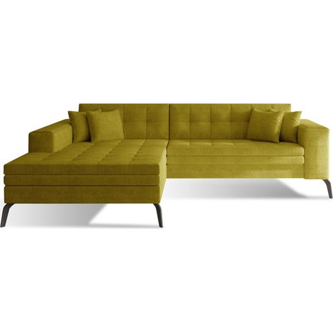 Canapé convertible capitonné angle gauche tissu jaune moutarde et pieds métal noir Lazor 295cm (1/5)