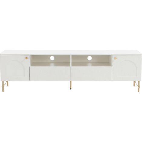 Meuble TV avec 2 portes, 2 tiroirs et 2 niches - Blanc et doré - ALOBARA (1/4)