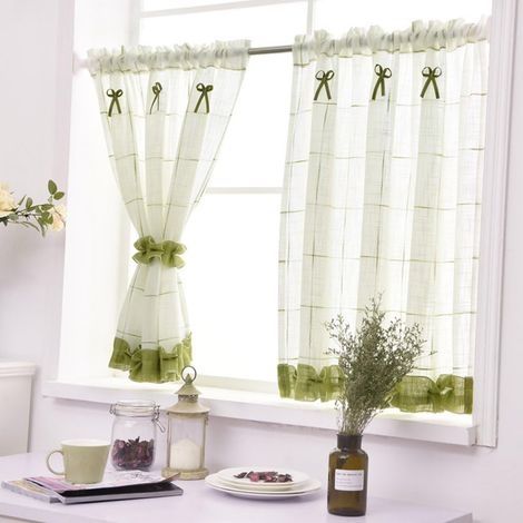 Rideau brise-bise en lin semi-transparent – Coton mélangé vert – Dimensions 90x90cm – Prêt à accrocher pour cuisine – Motif écran carré – (1/4)