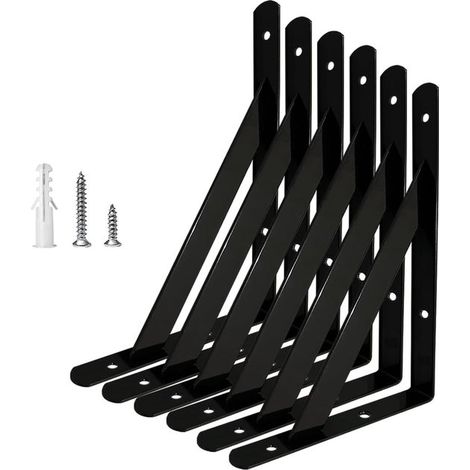 Supports d'étagère muraux triangulaires, lot de 6, métal avec revêtement poudré noir, supports pour étagères flottantes, avec vis, 150 mm, noir (1/5)