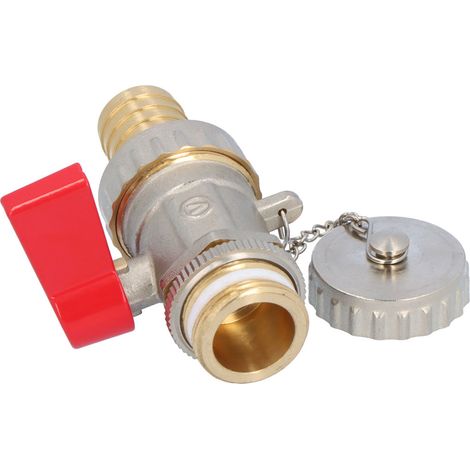 Válvula de bola de drenaje omni de 3/4" niquelada con conector de manguera y tapa. (1/3)