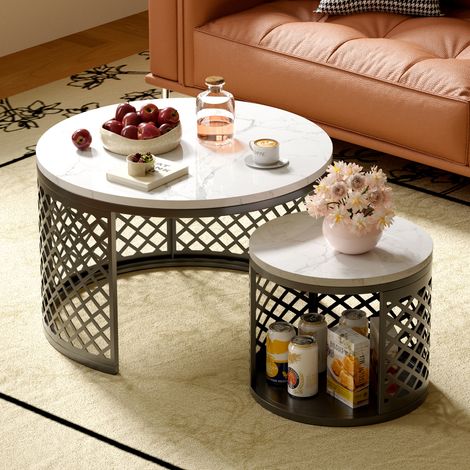 Mesa de centro de 2 piezas. Mesa nido de ⌀70x45 cm + ⌀45x35 cm. Diseño de malla lateral. (1/5)