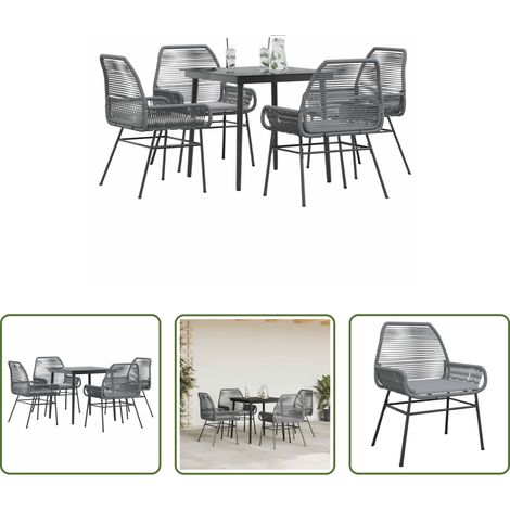 Gartentisch -  5-tlg. Garten-Essgruppe mit Kissen Grau Poly Rattan Glas (1/5)