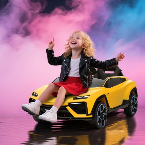 Voiture enfant 12V télécommandée 2,4 GHz, double moteur, avertisseur sonore, éclairage LED, musique, dimensions 101,5 x 49 x 43 cm, couleur jaune